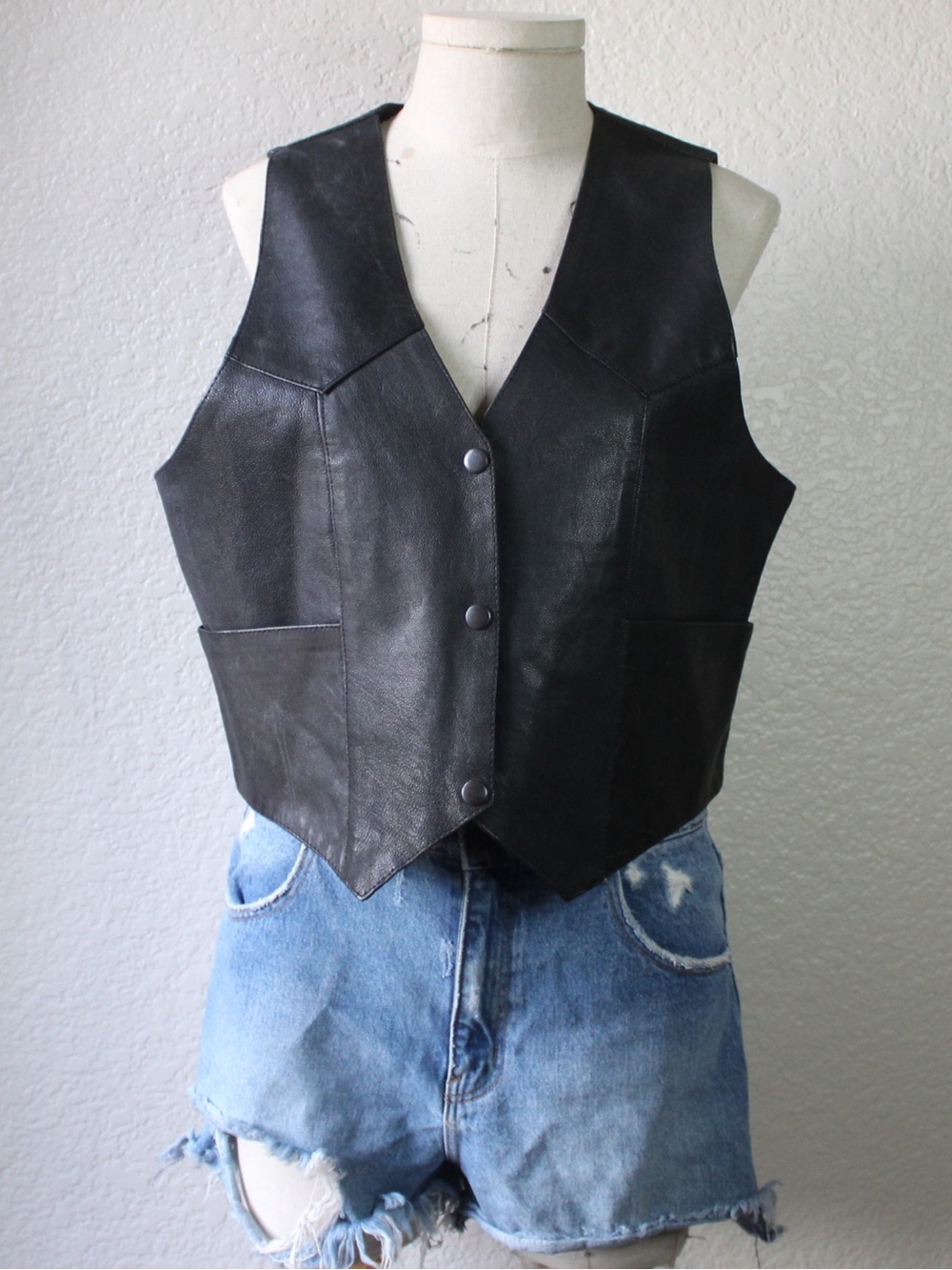 Vintage Classic Black Leather Button-Front Vest